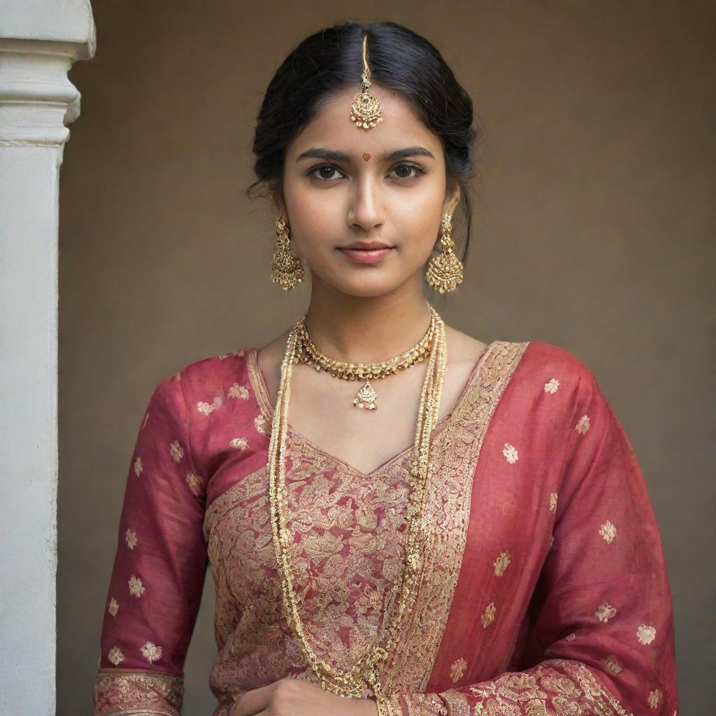 A portrait of a stylish, affluent 20-year-old Indian woman, exuding confidence and success. She is elegantly dressed in traditional Indian attire, her beauty accentuated by her culture.