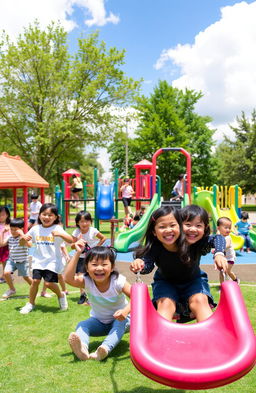 A vibrant, sunny playground filled with joy and activity, showcasing children playing on various equipment such as swings, slides, and climbing structures