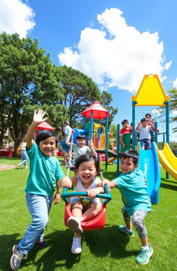 A vibrant, sunny playground filled with joy and activity, showcasing children playing on various equipment such as swings, slides, and climbing structures
