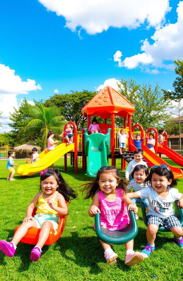 A vibrant, sunny playground filled with joy and activity, showcasing children playing on various equipment such as swings, slides, and climbing structures