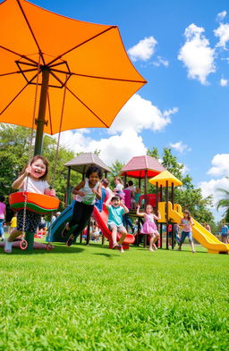 A vibrant, sunny playground filled with joy and activity, showcasing children playing on various equipment such as swings, slides, and climbing structures