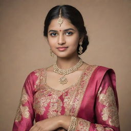 A portrait of a stylish, affluent 20-year-old Indian woman, exuding confidence and success. She is elegantly dressed in traditional Indian attire, her beauty accentuated by her culture.