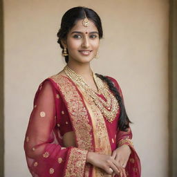 A portrait of a stylish, affluent 20-year-old Indian woman, exuding confidence and success. She is elegantly dressed in traditional Indian attire, her beauty accentuated by her culture.