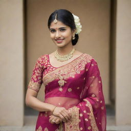 A portrait of a stylish, affluent 20-year-old Indian woman, exuding confidence and success. She is elegantly dressed in traditional Indian attire, her beauty accentuated by her culture.