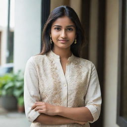 A portrait of a stylish, affluent 20-year-old Indian woman, exuding confidence and success in comfortable, modern casual wear that also reflects her cultural heritage.