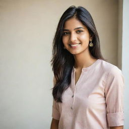 A portrait of a stylish, affluent 20-year-old Indian woman, exuding confidence and success in comfortable, modern casual wear that also reflects her cultural heritage.