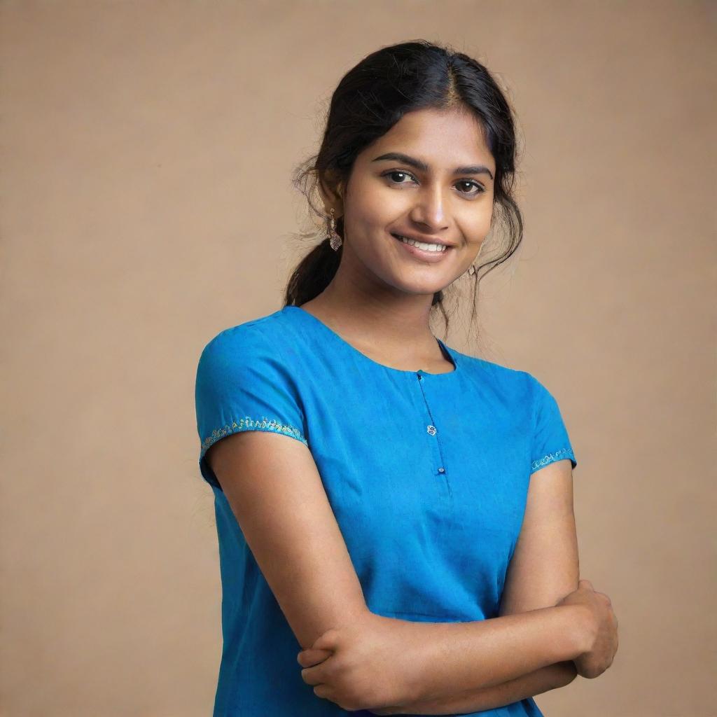 A portrait of a stylish, affluent 20-year-old Indian woman exuding confidence and success. She's wearing a vibrant blue top, offering a modern take on her cultural heritage.