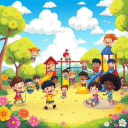 A whimsical cartoon scene of a colorful playground bustling with animated children enjoying various activities
