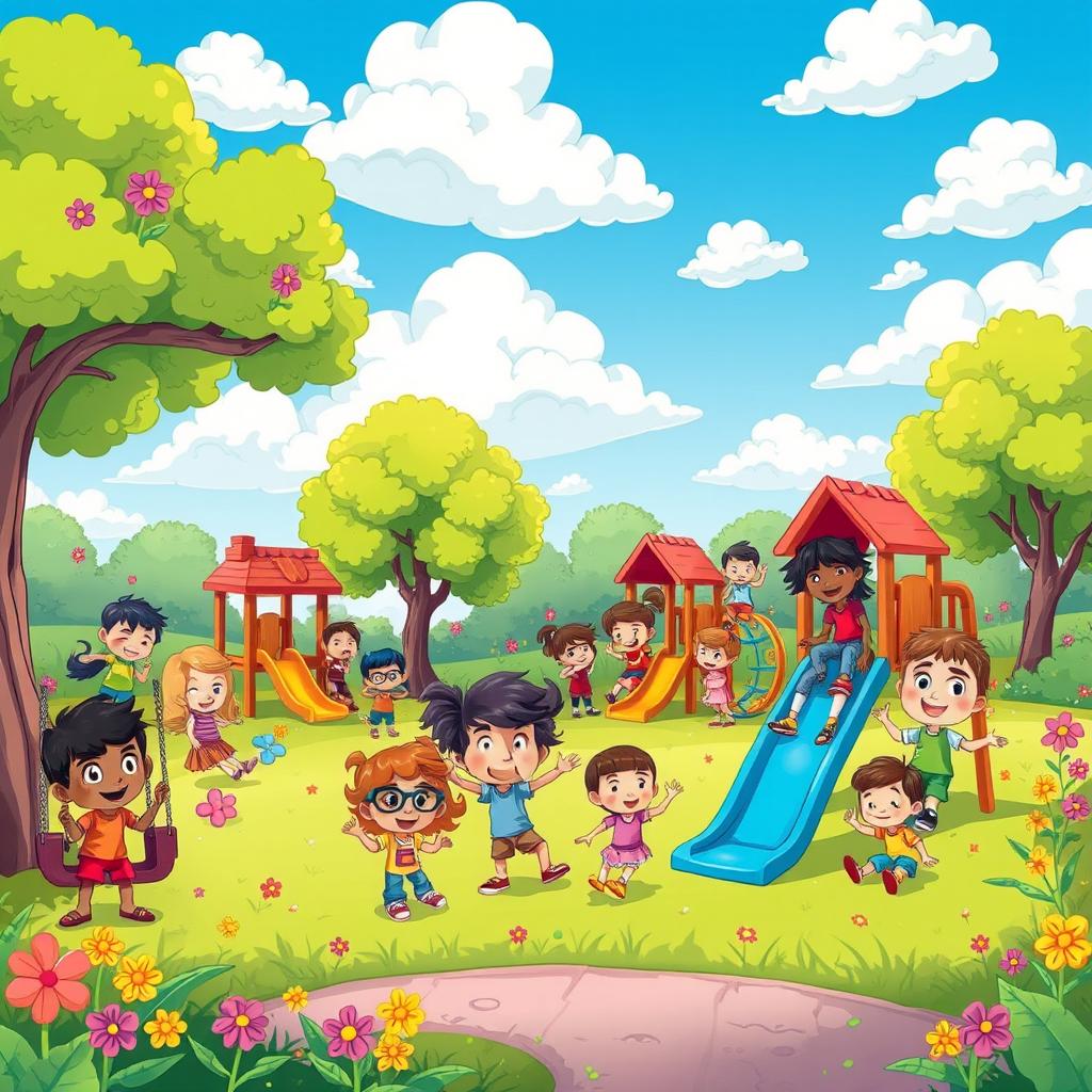 A whimsical cartoon scene of a colorful playground bustling with animated children enjoying various activities