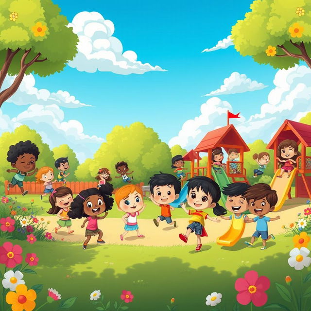 A whimsical cartoon scene of a colorful playground bustling with animated children enjoying various activities