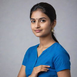 A portrait of a stylish, affluent 20-year-old Indian woman exuding confidence and success. She's wearing a vibrant blue top, offering a modern take on her cultural heritage.