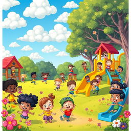A whimsical cartoon scene of a colorful playground bustling with animated children enjoying various activities