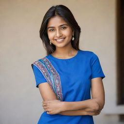 A portrait of a stylish, affluent 20-year-old Indian woman exuding confidence and success. She's wearing a vibrant blue top, offering a modern take on her cultural heritage.