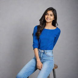 A portrait of a stylish, affluent 20-year-old Indian woman exuding confidence and success. She's effortlessly chic, wearing a vibrant blue top paired with contemporary jeans.