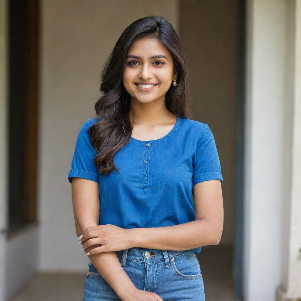 A portrait of a stylish, affluent 20-year-old Indian woman exuding confidence and success. She's effortlessly chic, wearing a vibrant blue top paired with contemporary jeans.