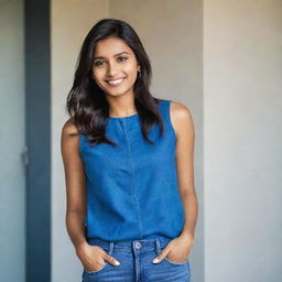 A portrait of a stylish, affluent 20-year-old Indian woman exuding confidence and success. She's effortlessly chic, wearing a vibrant blue top paired with contemporary jeans.