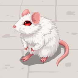 A detailed pixel art illustration of a white rat with striking red eyes