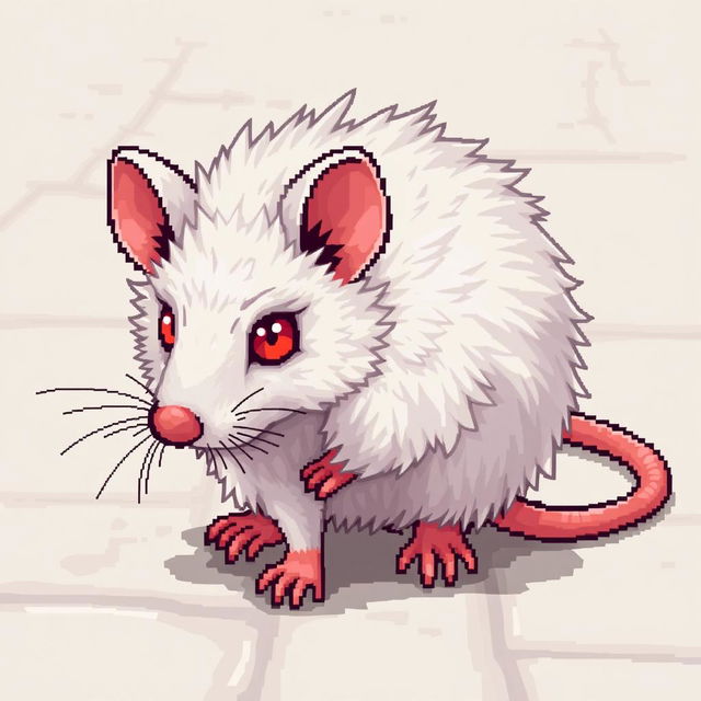 A detailed pixel art illustration of a white rat with striking red eyes