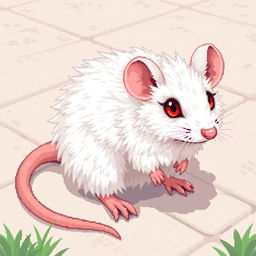 A detailed pixel art illustration of a white rat with striking red eyes