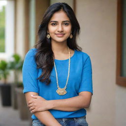 A stylish, affluent 20-year-old Indian woman exuding confidence and success. Clad in a vibrant blue top with contemporary jeans, her radiance is heightened by stunning earrings and a necklace.