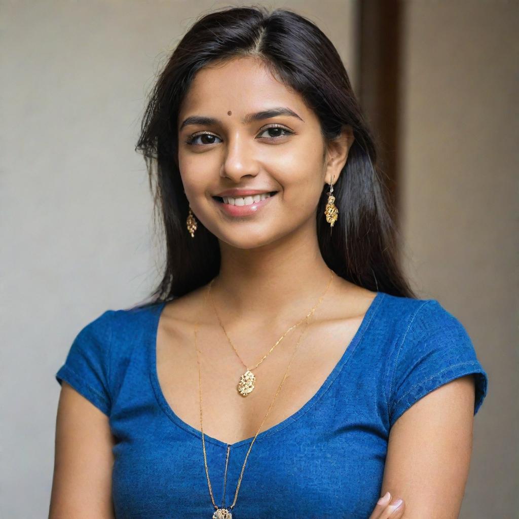 A stylish, affluent 20-year-old Indian woman exuding confidence and success. Clad in a vibrant blue top with contemporary jeans, her radiance is heightened by stunning earrings and a necklace.