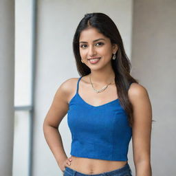 A stylish, affluent 20-year-old Indian woman exuding confidence and success. Clad in a vibrant blue top with contemporary jeans, her radiance is heightened by stunning earrings and a necklace.