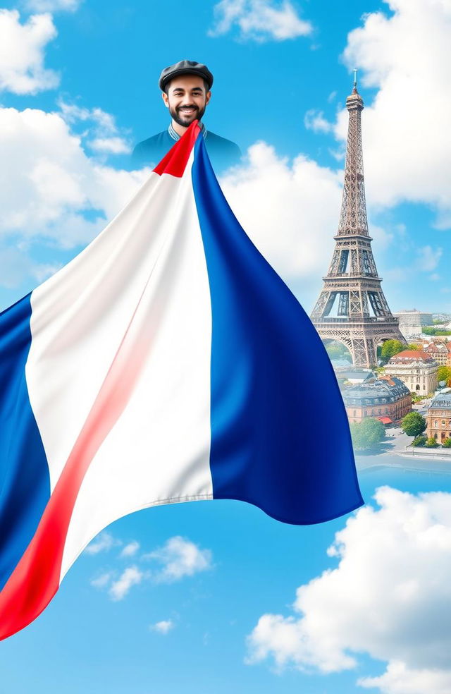 A vibrant depiction of the French flag, waving gracefully in the center of the image