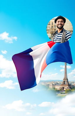 A vibrant depiction of the French flag, waving gracefully in the center of the image
