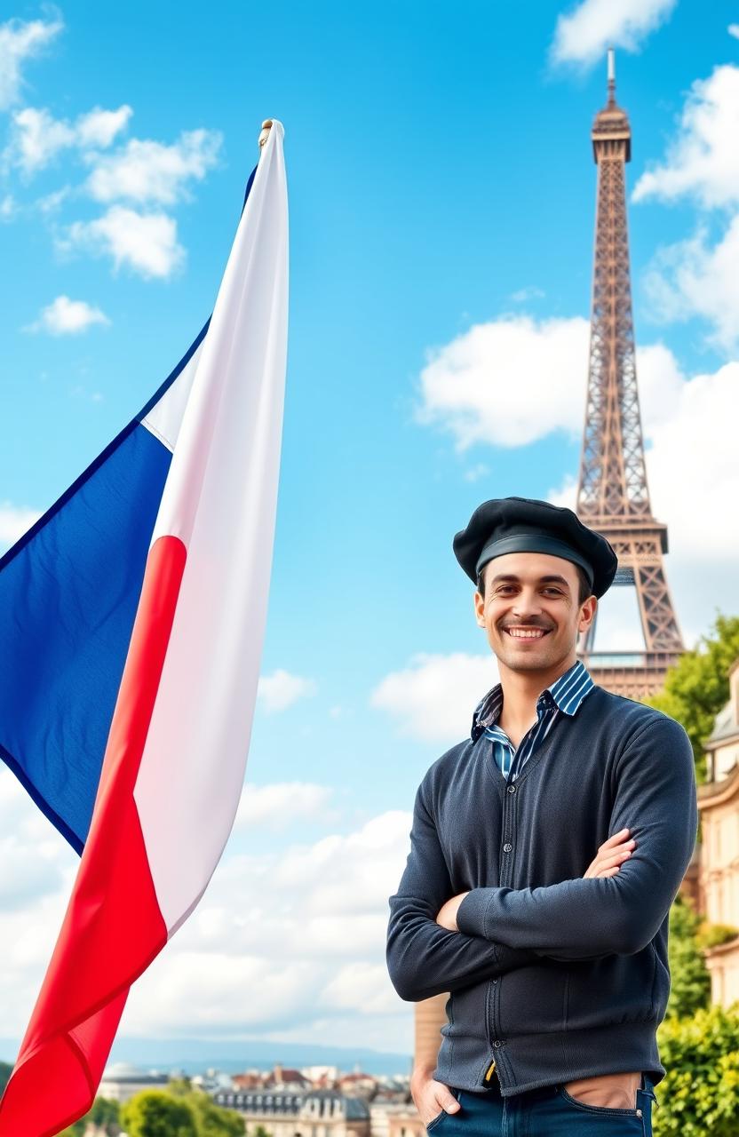 A vibrant depiction of the French flag, waving gracefully in the center of the image