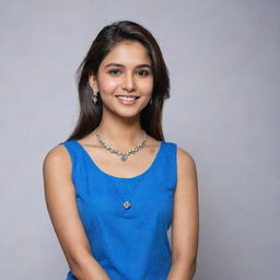 A stylish, affluent 20-year-old Indian woman exuding confidence and success. Clad in a vibrant blue top with contemporary jeans, her radiance is heightened by stunning earrings and a necklace.