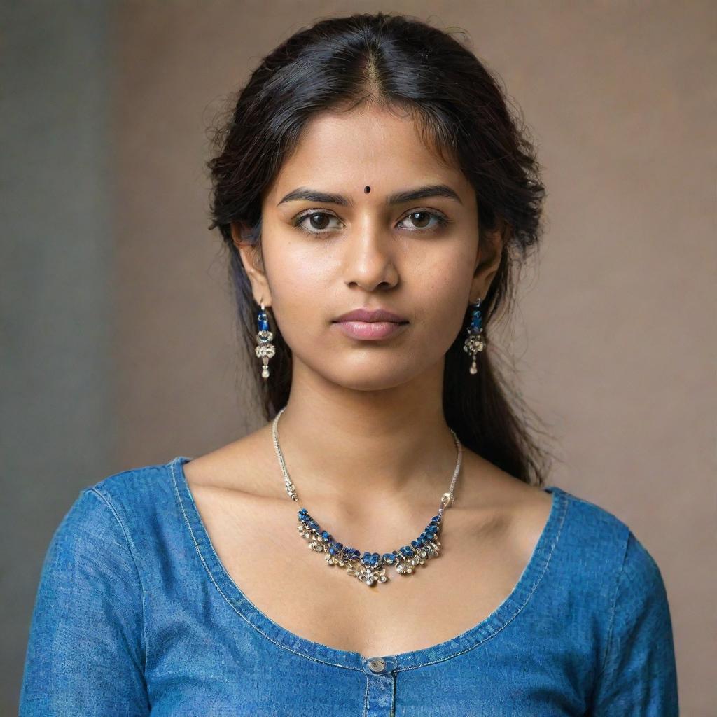 A portrait of a stylish, affluent 20-year-old Indian woman with a serious expression. She's dressed in a vibrant blue top with contemporary jeans, complemented by stunning earrings and a necklace.