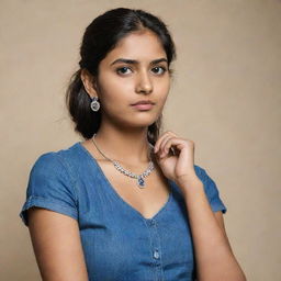 A portrait of a stylish, affluent 20-year-old Indian woman with a serious expression. She's dressed in a vibrant blue top with contemporary jeans, complemented by stunning earrings and a necklace.