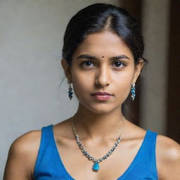 A portrait of a stylish, affluent 20-year-old Indian woman with a serious expression. She's dressed in a vibrant blue top with contemporary jeans, complemented by stunning earrings and a necklace.