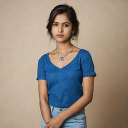 A portrait of a stylish, affluent 20-year-old Indian woman with a serious expression. She's dressed in a vibrant blue top with contemporary jeans, complemented by stunning earrings and a necklace.