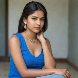 A captivating portrait of an extraordinarily beautiful 20-year-old Indian woman radiating elegance and sophistication. Dressed in a vibrant blue top with modern jeans, her stunning earrings and necklace, combined with her serious expression, add to her allure.