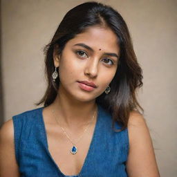 A captivating portrait of an extraordinarily beautiful 20-year-old Indian woman radiating elegance and sophistication. Dressed in a vibrant blue top with modern jeans, her stunning earrings and necklace, combined with her serious expression, add to her allure.