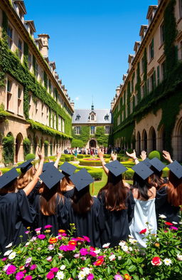 A picturesque view of a classic French university campus, showcasing stunning historical architecture with ivy-covered walls