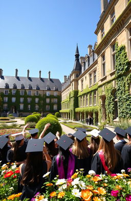 A picturesque view of a classic French university campus, showcasing stunning historical architecture with ivy-covered walls