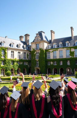 A picturesque view of a classic French university campus, showcasing stunning historical architecture with ivy-covered walls