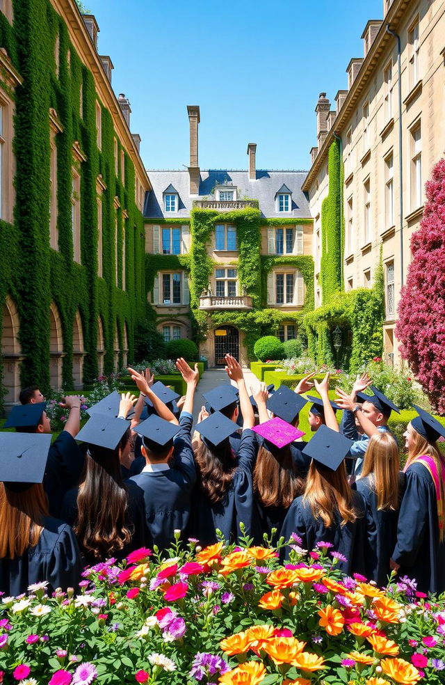 A picturesque view of a classic French university campus, showcasing stunning historical architecture with ivy-covered walls