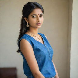 A captivating portrait of an extraordinarily beautiful 20-year-old Indian woman radiating elegance and sophistication. Dressed in a vibrant blue top with modern jeans, her stunning earrings and necklace, combined with her serious expression, add to her allure.