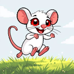 A lively pixel art illustration of a white rat with red eyes cheerfully running