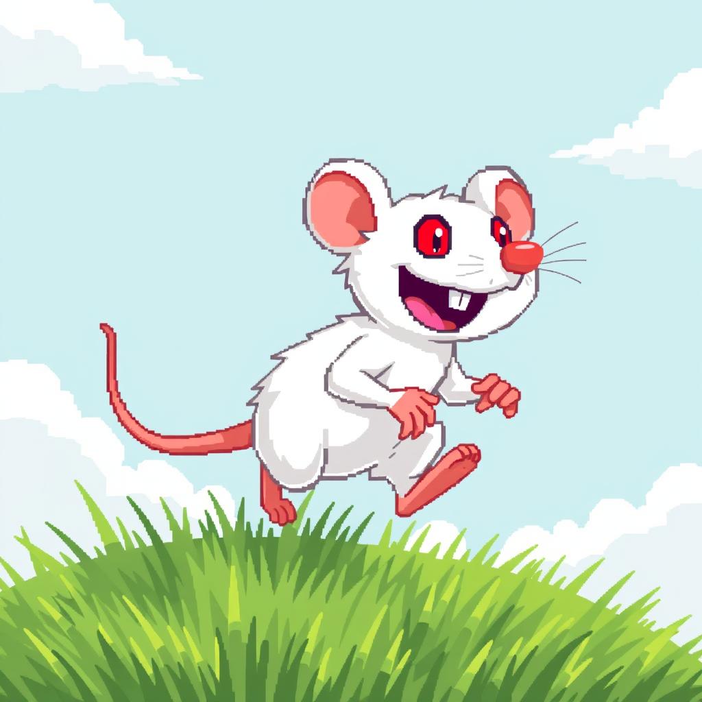 A lively pixel art illustration of a white rat with red eyes cheerfully running