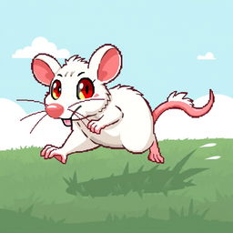 A lively pixel art illustration of a white rat with red eyes cheerfully running