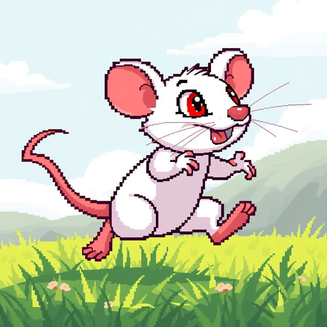 A lively pixel art illustration of a white rat with red eyes cheerfully running