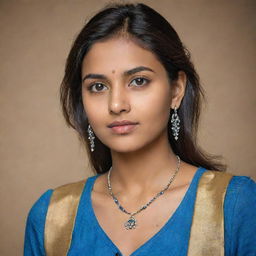 A captivating portrait of an extraordinarily beautiful 20-year-old Indian woman radiating elegance and sophistication. Dressed in a vibrant blue top with modern jeans, her stunning earrings and necklace, combined with her serious expression, add to her allure.