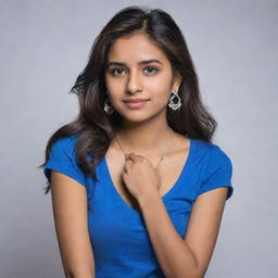 An extraordinarily beautiful 20-year-old Indian woman radiating elegance and sophistication wearing a casual, vibrant blue t-shirt and modern jeans. Her stunning earrings and necklace enhance her beauty, and her serious expression adds a sense of depth.