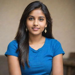 An extraordinarily beautiful 20-year-old Indian woman radiating elegance and sophistication wearing a casual, vibrant blue t-shirt and modern jeans. Her stunning earrings and necklace enhance her beauty, and her serious expression adds a sense of depth.