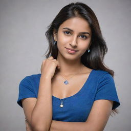 An extraordinarily beautiful 20-year-old Indian woman radiating elegance and sophistication wearing a casual, vibrant blue t-shirt and modern jeans. Her stunning earrings and necklace enhance her beauty, and her serious expression adds a sense of depth.