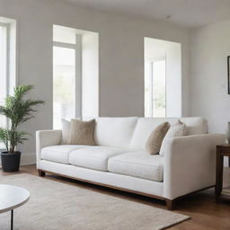 A white sofa located in the center of a living room that contrasts with the sofa.